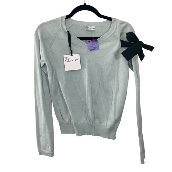 NWT RED VALENTINO Light Blue V Neck Bow Sleeve Detail Cotton Sweater Size XS - Picture 1 of 10